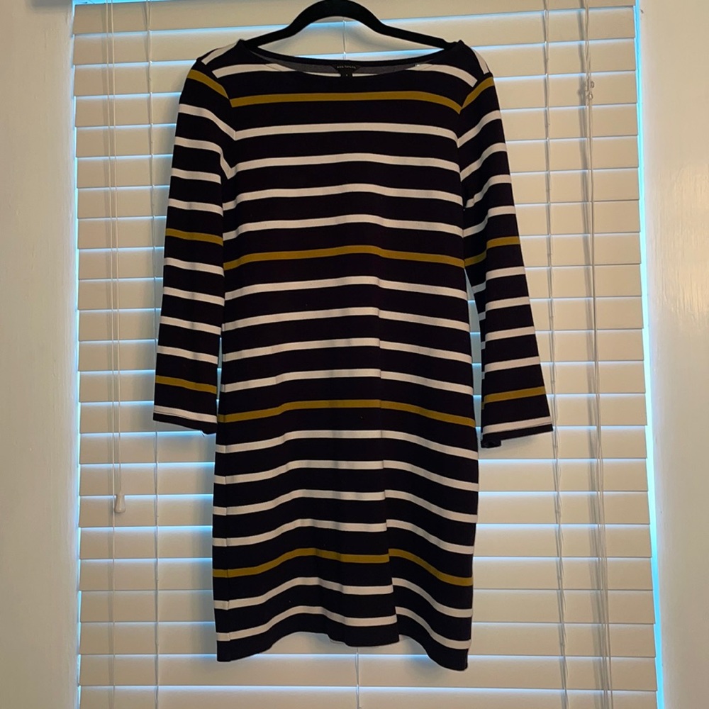 Navy and mustard striped tunic length dress